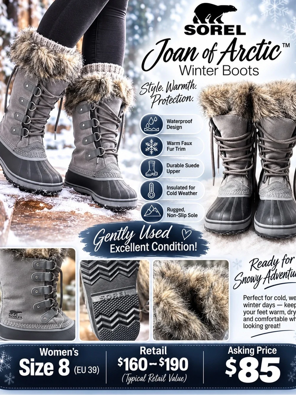 WINTER 🥶 is coming!- Sorel Gray Faux-Fur Trim Lace-Up Winter Boots